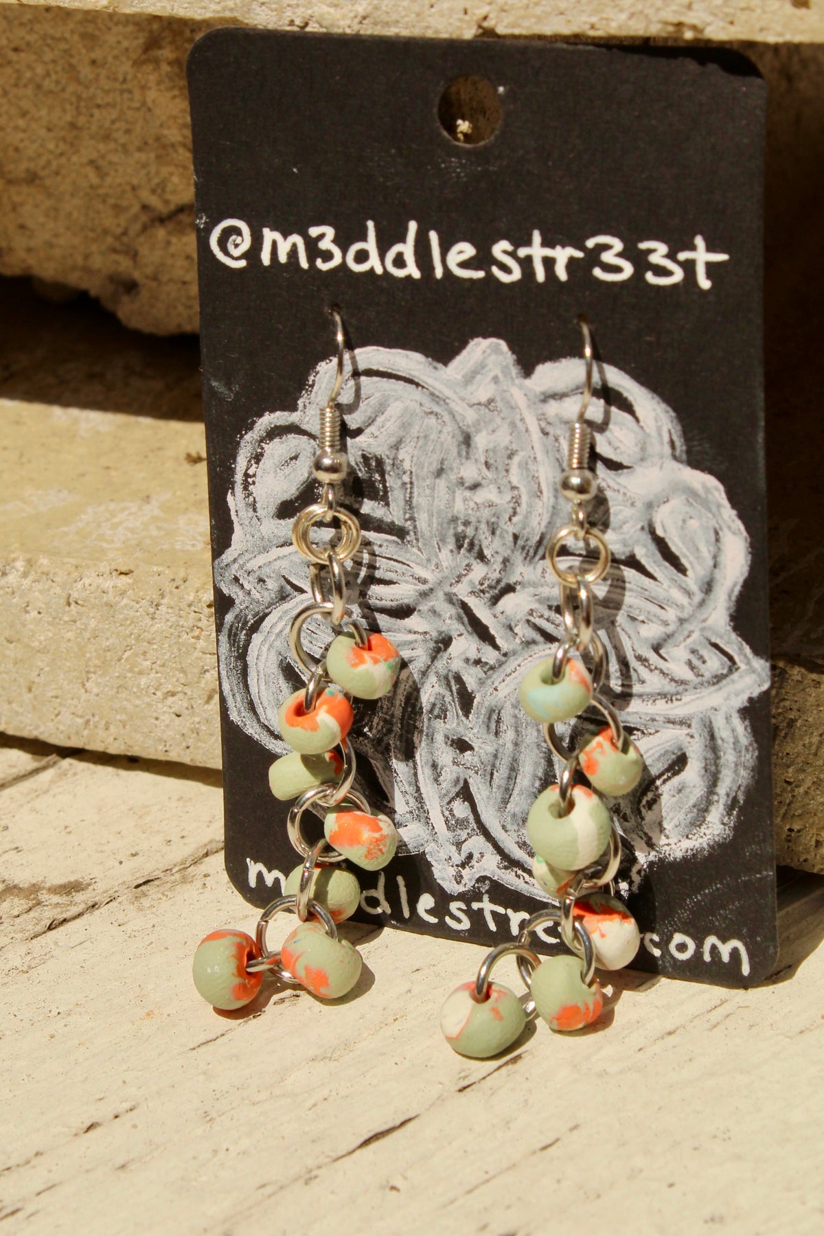 Teal/Orange Handmade Bead Chain Earrings